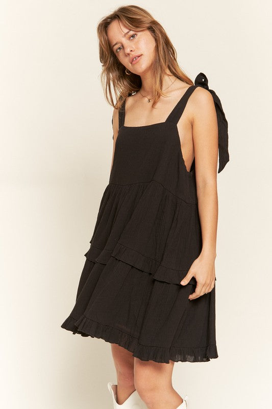 Jade by Jane Cotton Square Neck Ruffle Dress in Black