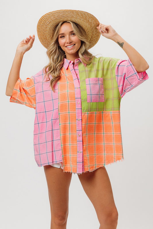 BiBi Plaid Color Block Half Sleeve Button Down Shirt