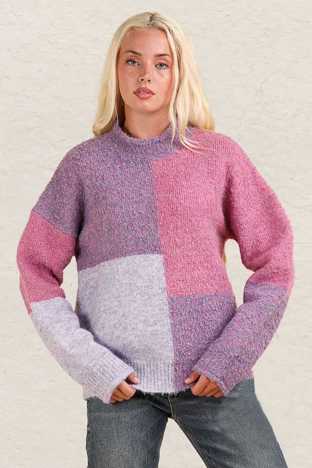 VERY J Mock Neck Color Block Drop Shoulder Sweater in Purple Multi NWT