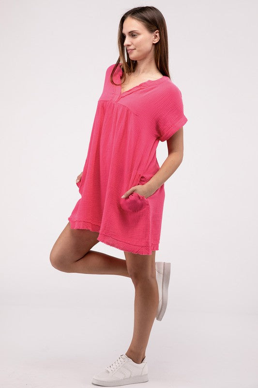 Zenana Cotton Gauze Rolled Short Sleeve Raw Edge V-Neck Mini Dress - 4 Colors