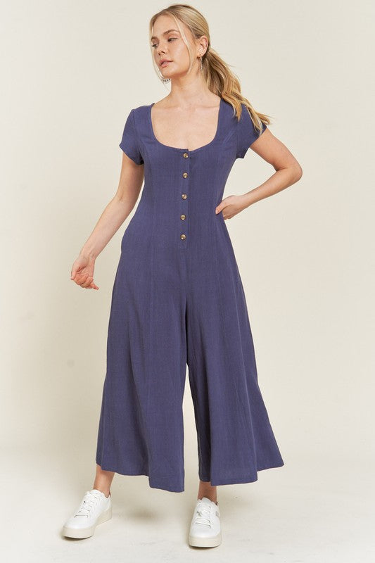 Jade by Jane Linen Button-Down Wide Leg Jumpsuit in Navy and Mustard