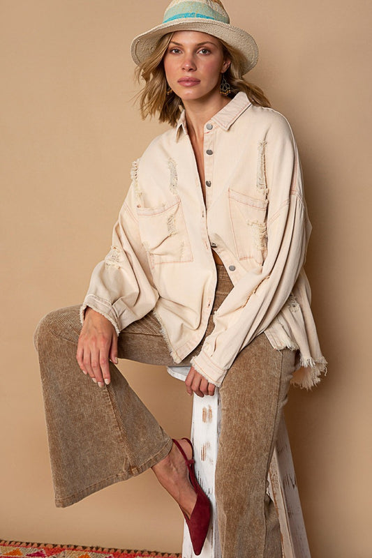 POL Distressed Raw Hem Button-Down Shirt Jacket in Pink Beige