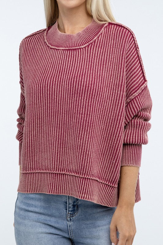 Zenana S/M L/XL Color Washed High-Low Hem Ribbed Cotton Sweater in 4 Colors