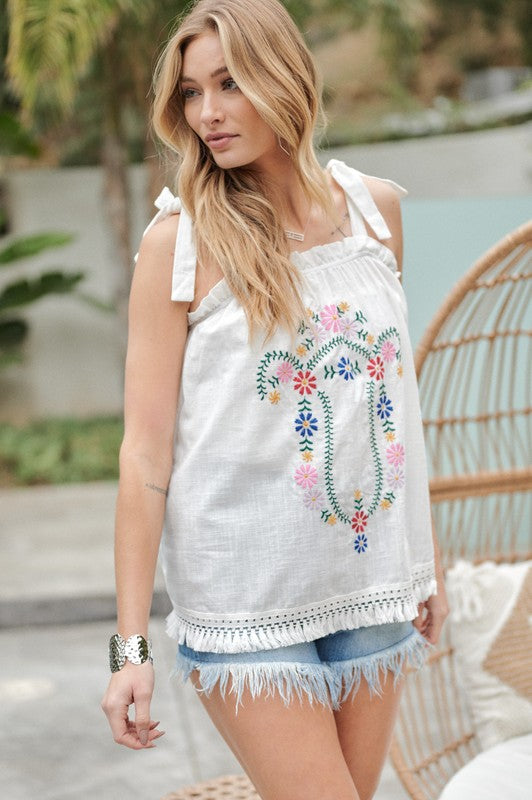 Davi & Dani Embroidered Ruffle Tank Top in 2 Colors