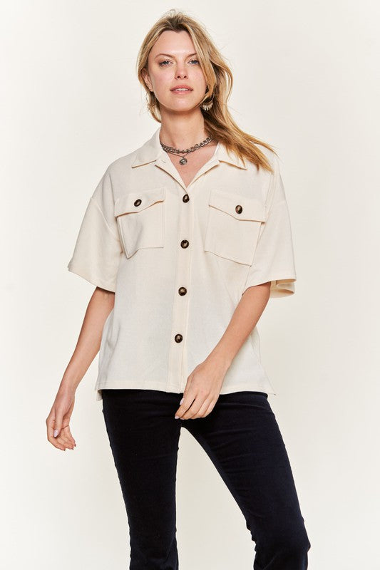 Jade By Jane Plus Size Smiley Face Button-Down Short Sleeve Shirt in 3 Colors