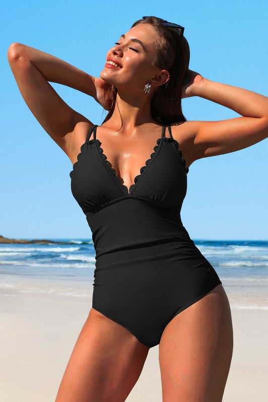 Charmo Scalloped V Neck Cut Out One Piece Swimsuit in 2 Colors