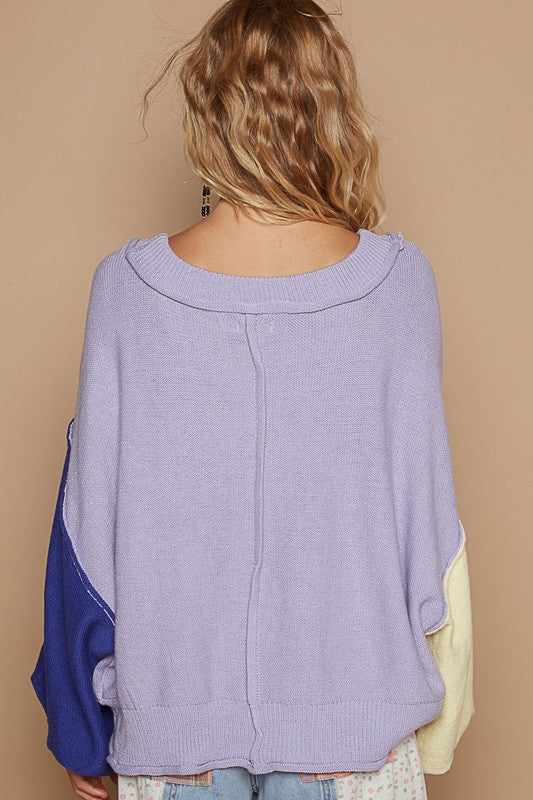 POL Color Block Cropped Lantern Sleeve V-Neck Sweater in Lavender Multi NWT