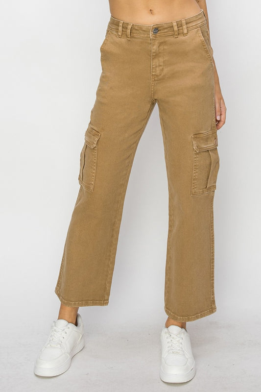 Risen Full Size High Rise Straight Leg Cargo Jeans in Mocha