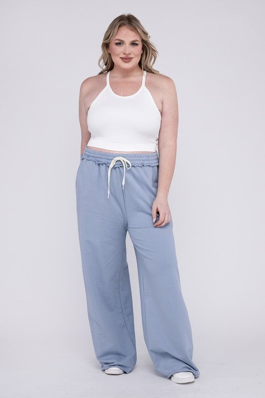 Zenana Plus French Terry Raw Hem Wide Leg Sweatpants in Ash Blue or Dusty Pink