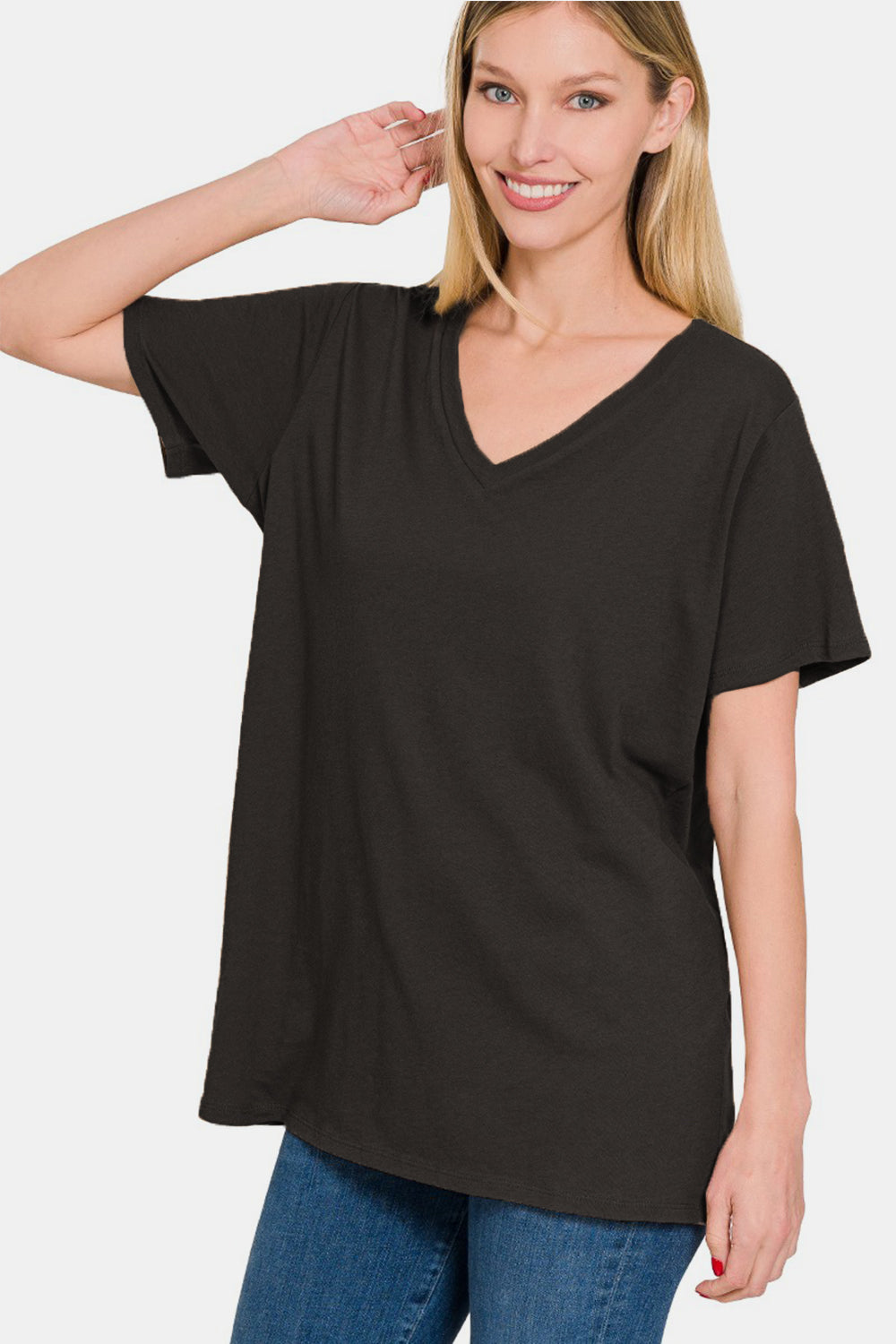 Zenana Classic Cotton V-Neck Short Sleeve T-Shirt in Black