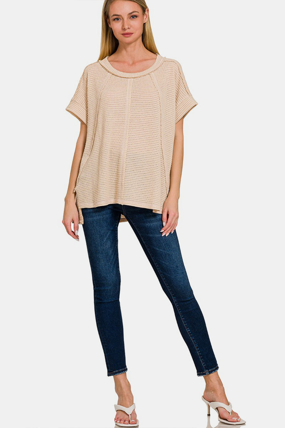 Zenana Waffle-Knit Exposed-Seam Short Sleeve T-Shirt in Beige