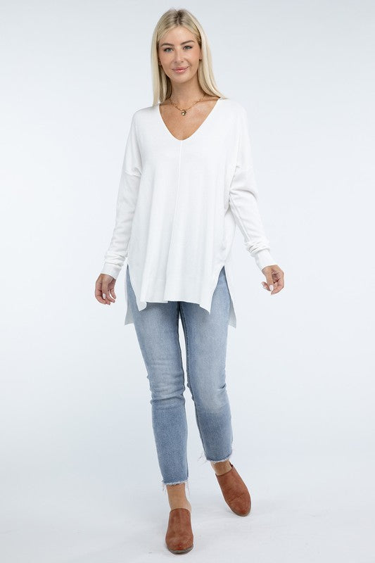 Zenana Front Seam Side Slit V-Neck Tunic Sweater in 5 Colors