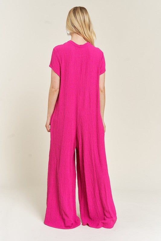 Jade by Jane Plus Wrinkle Cotton Gauze Wide Leg Jumpsuit in Black or Fuchsia