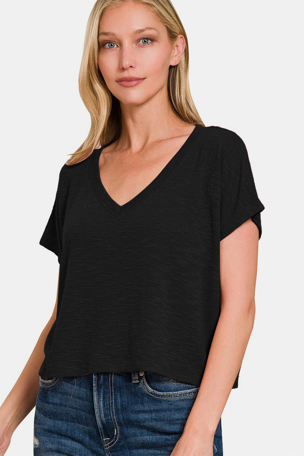 Zenana Relaxed Cropped V-Neck T-Shirt in Black