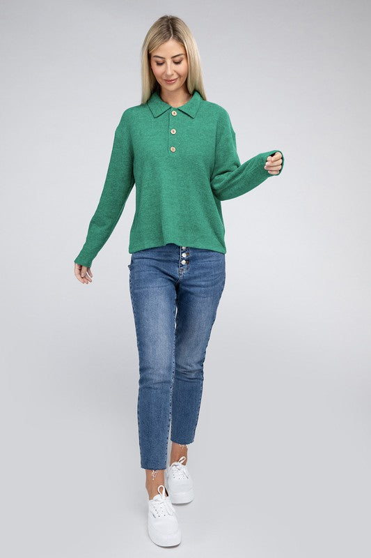 Zenana Brushed Melange Button Front Collared V-Neck Sweater in 5 Colors