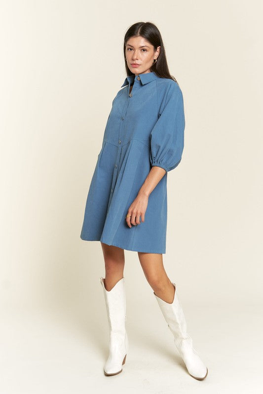 Jade By Jane Washed Denim Collared Button Front Puff Sleeve Mini Dress in 2 Colors