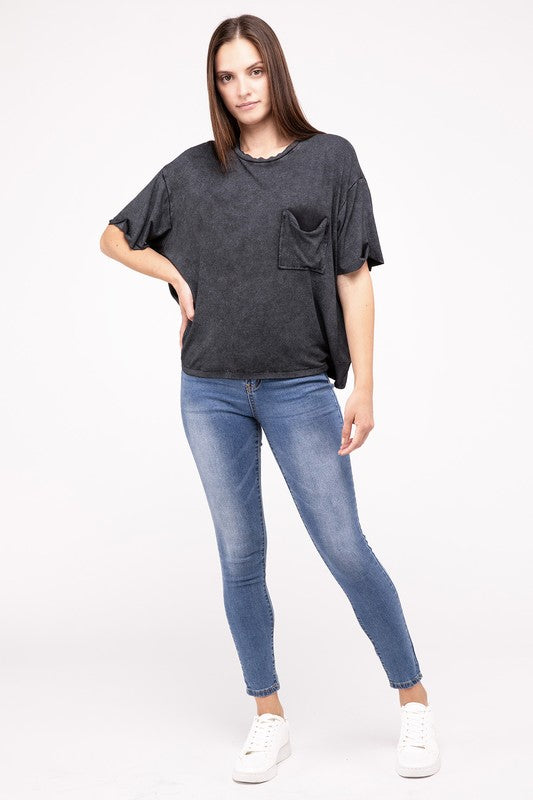 Zenana Washed Oversized Ribbed Crew Neck T-Shirt in 4 Colors