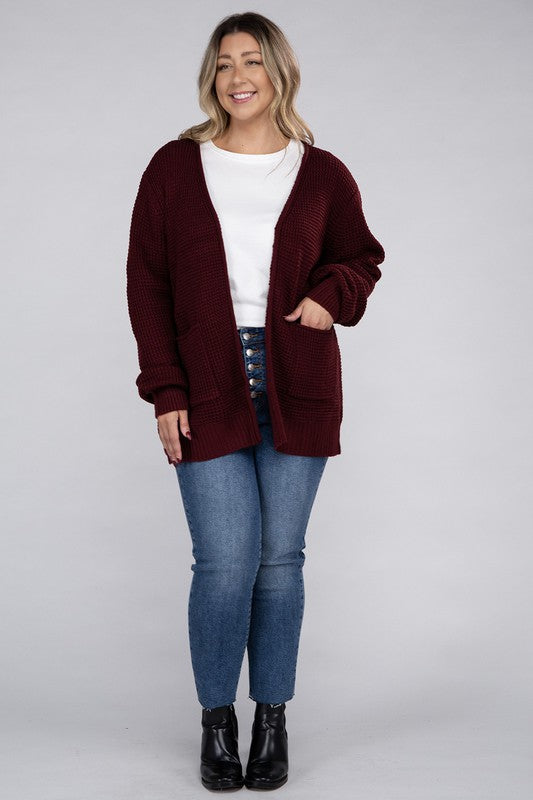 Zenana Plus Waffle-Knit Open Front Tunic Cardigan Sweater with Pockets in 5 Colors