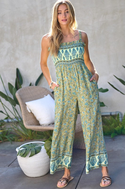 Davi & Dani Floral Smocked Sleeveless Jumpsuit in Pink or Green