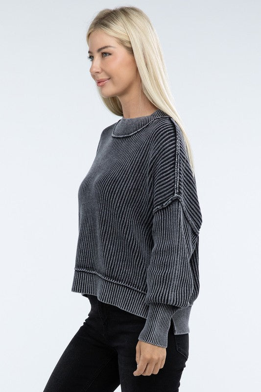 Zenana S/M L/XL Color Washed High-Low Hem Ribbed Cotton Sweater in 4 Colors