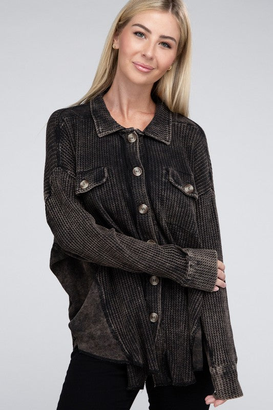 Zenana Acid Washed Oversized Waffle-Knit Shirt Jacket in Ash Black