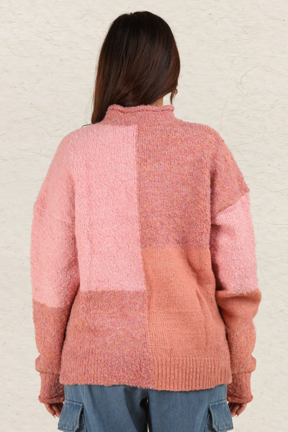 VERY J Mock Neck Color Block Drop Shoulder Sweater in Pink Multi NWT