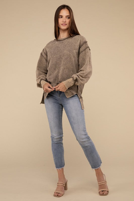 Zenana Acid Wash French Terry Exposed Seam Tunic Sweatshirt in Mocha or Ash Black