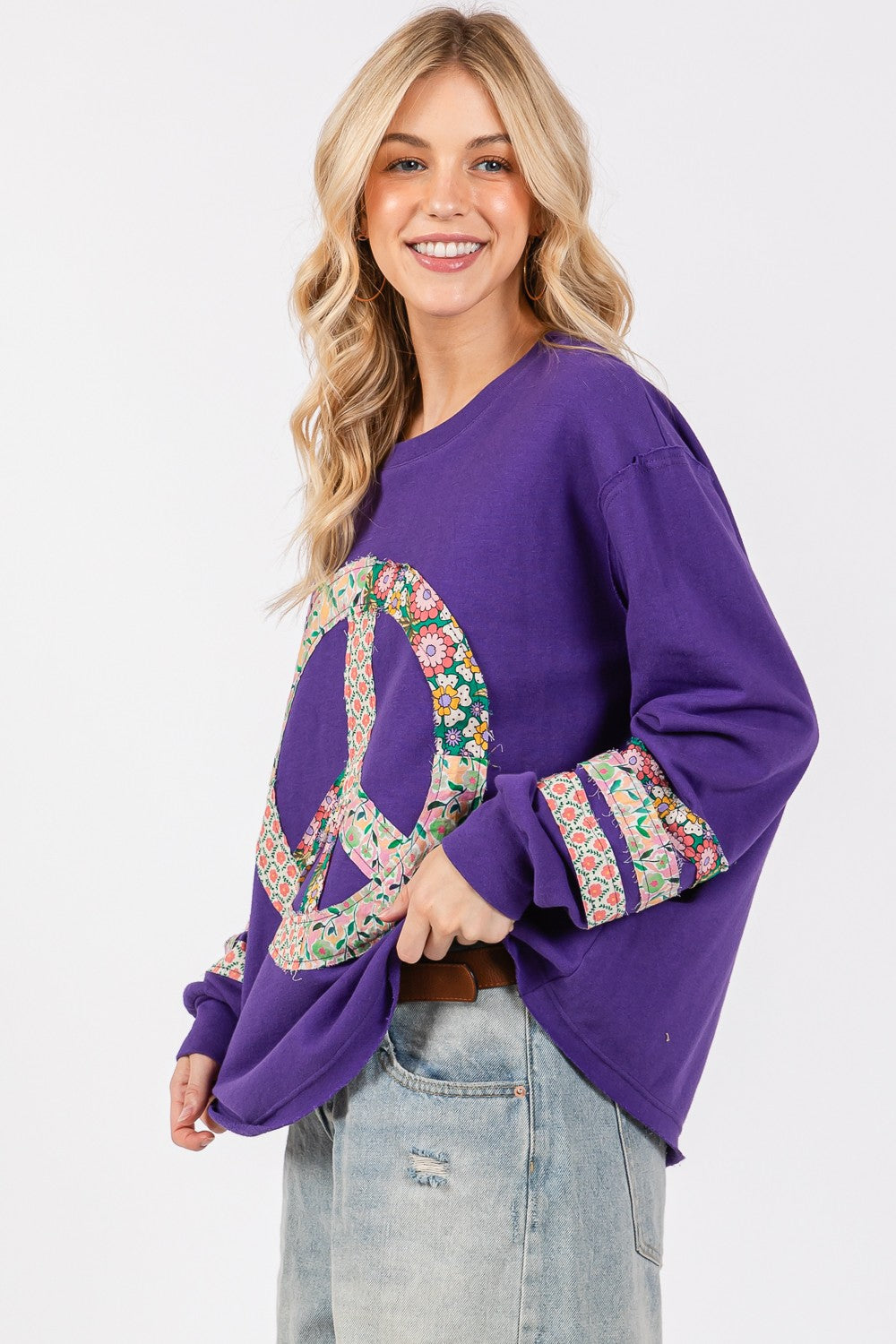 SAGE + FIG Peace Patch Exposed Seam Round Neck Tunic Top in Blueberry Purple Multi