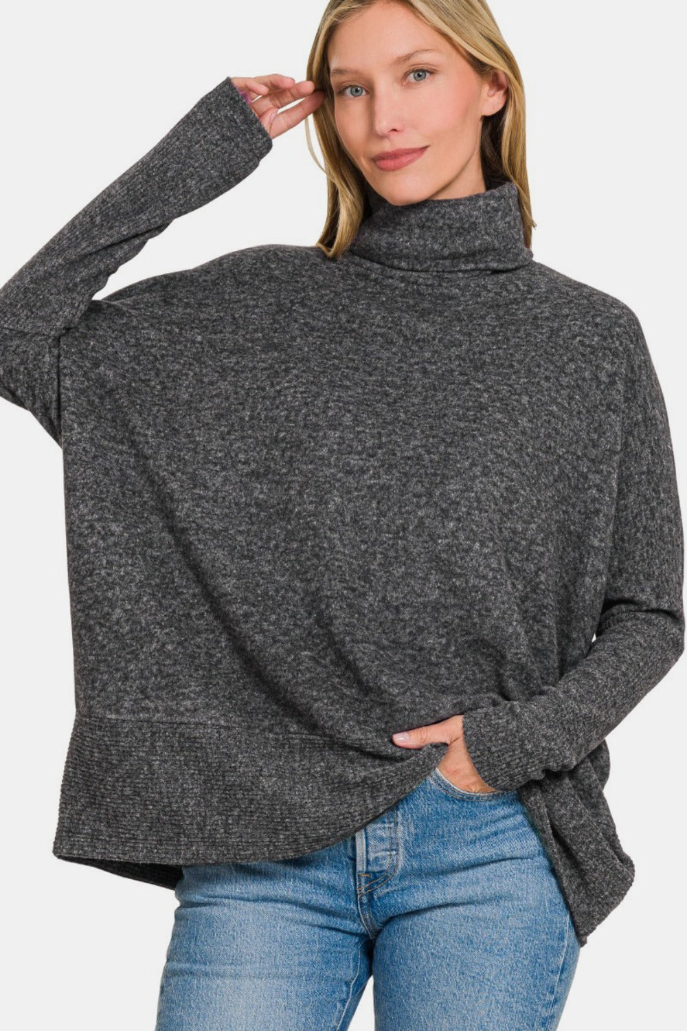 Zenana Oversized Brushed Melange Dolman Sleeve Tunic Turtleneck Sweater in Black