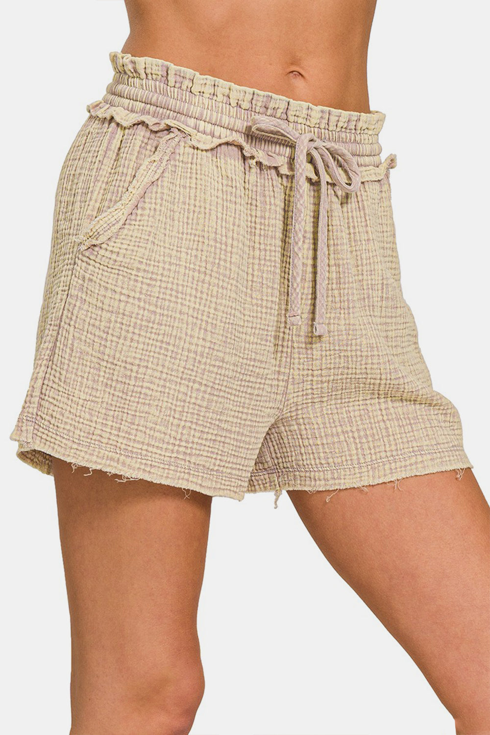 Zenana Washed Raw Hem Drawstring Shorts in Ash Mocha