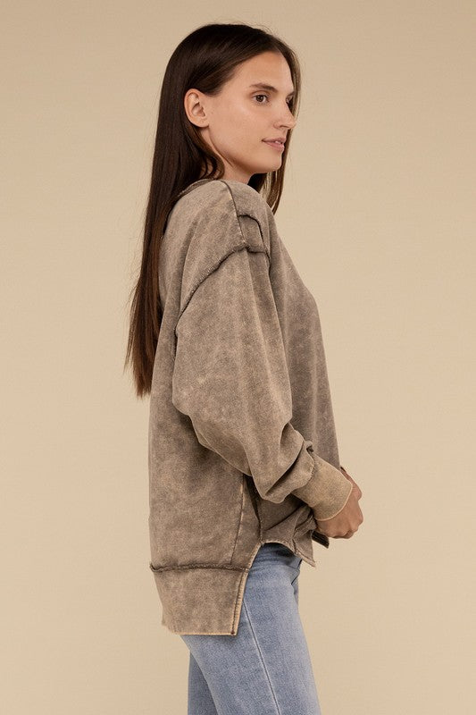 Zenana Acid Wash French Terry Exposed Seam Tunic Sweatshirt in Mocha or Ash Black