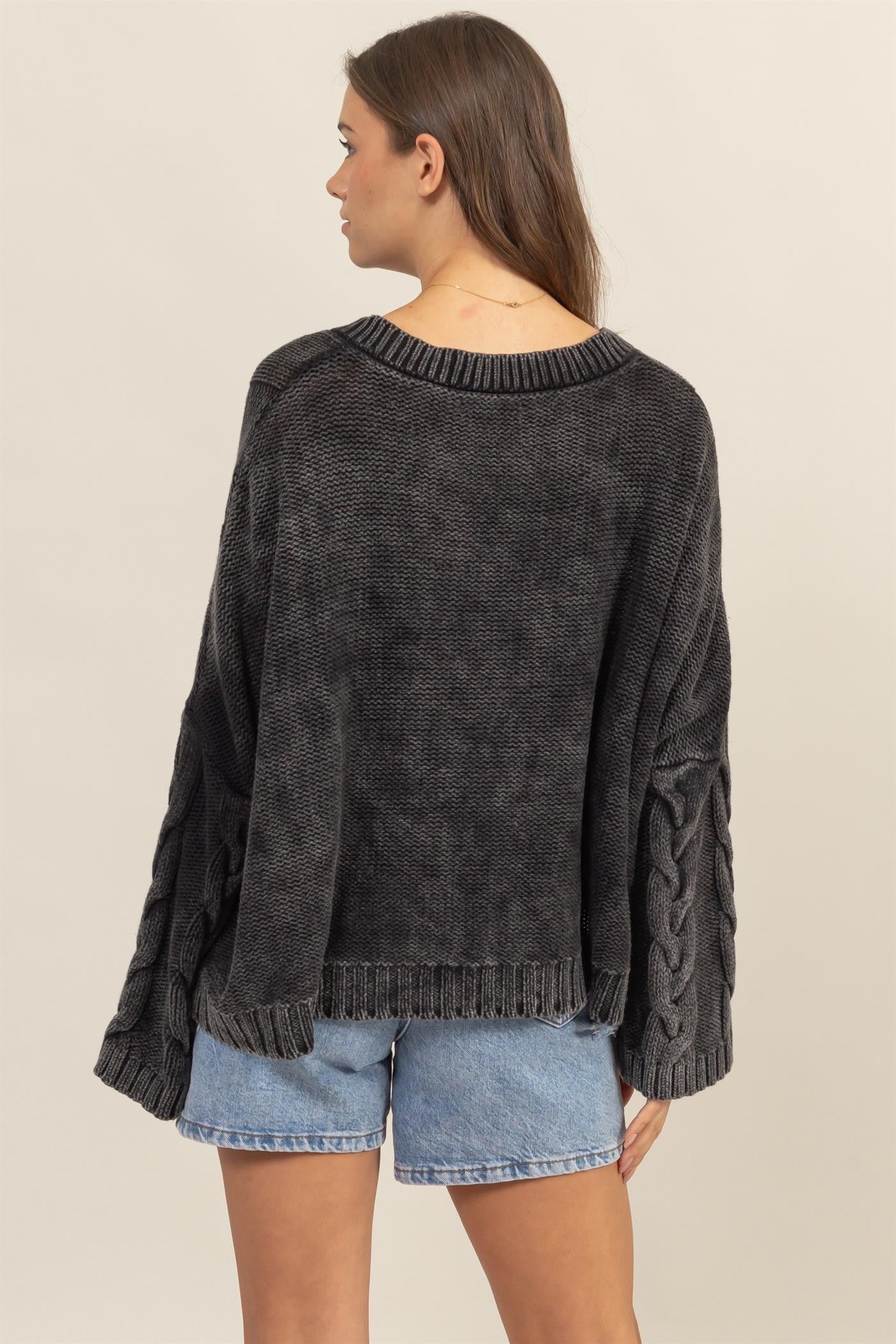 HYFVE Color Washed Cable Knit Bell Sleeve Oversized V-Neck Sweater in Charcoal