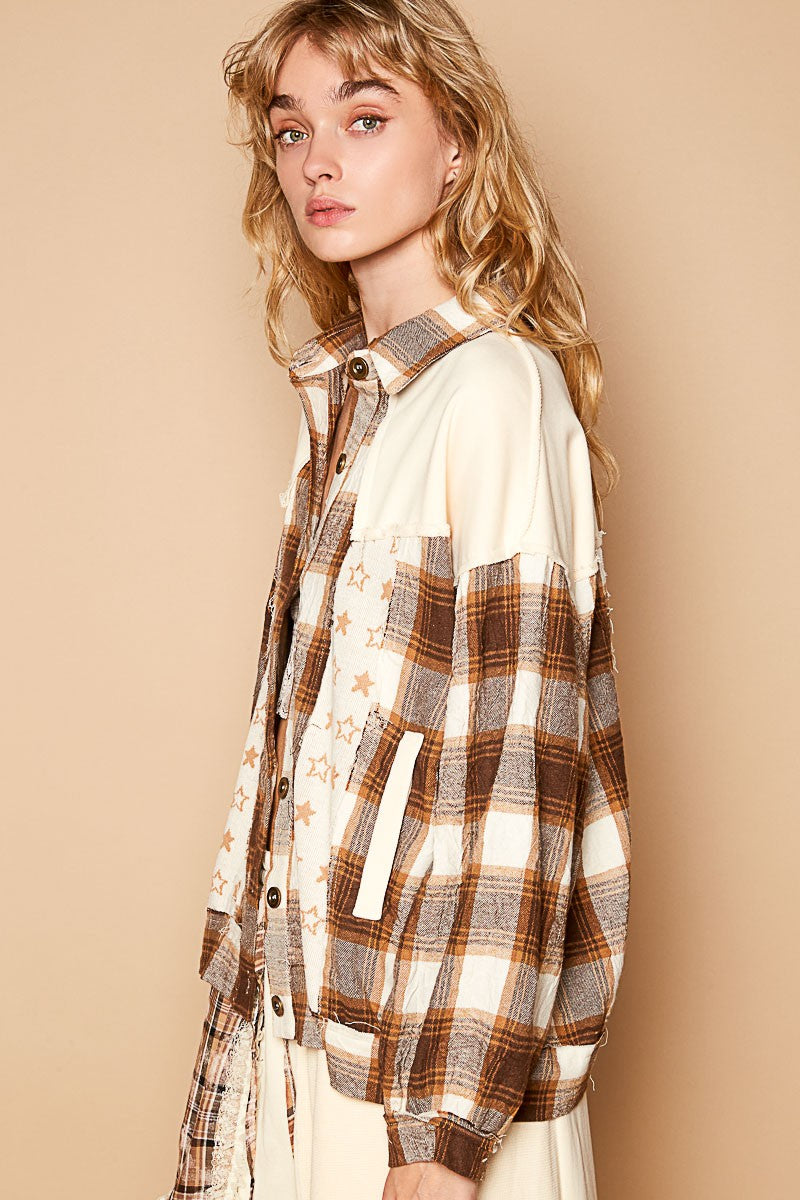 POL Plaid & Star Patchwork Color Block Long Sleeve Shirt Jacket in Brown/Beige Multi