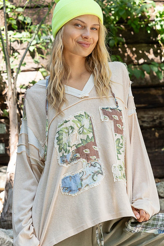 POL Hooded Number Patch Long Sleeve V-Neck T-Shirt Top in Coconut Beige Multi