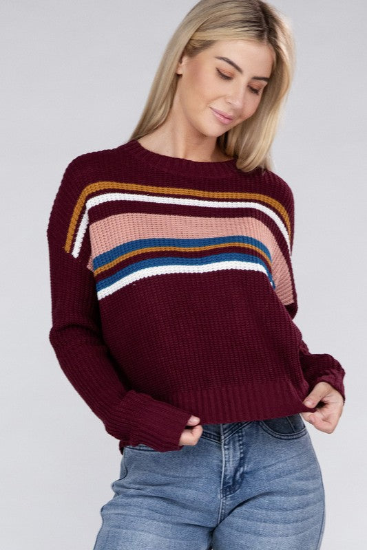 Ambiance Apparel Stripe Front Drop Shoulder Cropped Sweater in 3 Colors