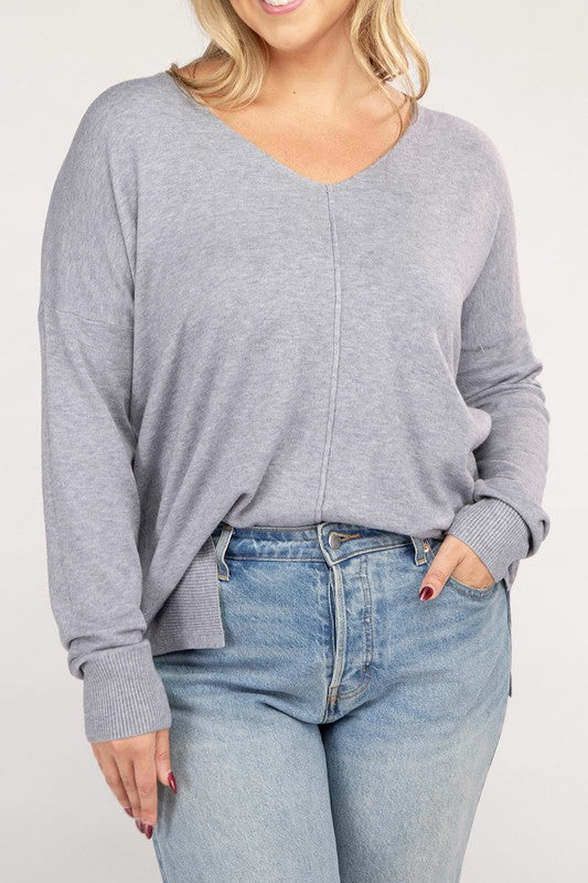 Zenana Plus Size Front Seam V-Neck Tunic Sweater