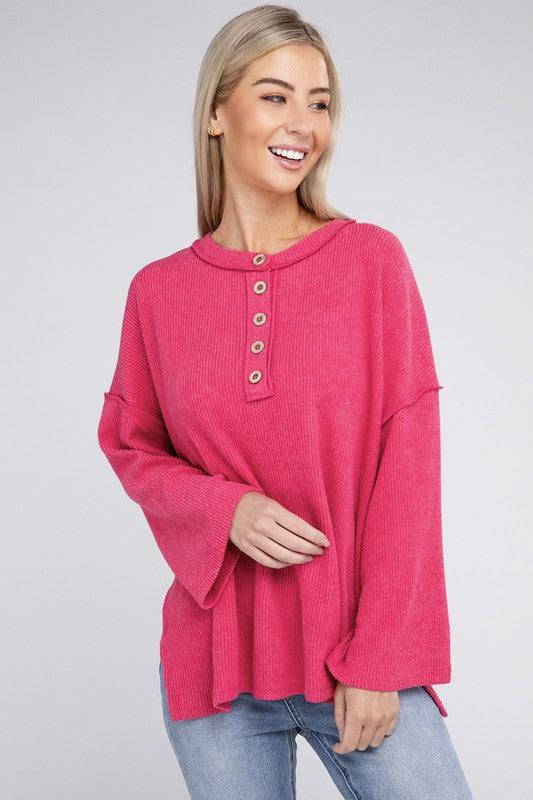 Zenana Slit Hem Bell Sleeve Ribbed Henley Sweater in 5 Colors