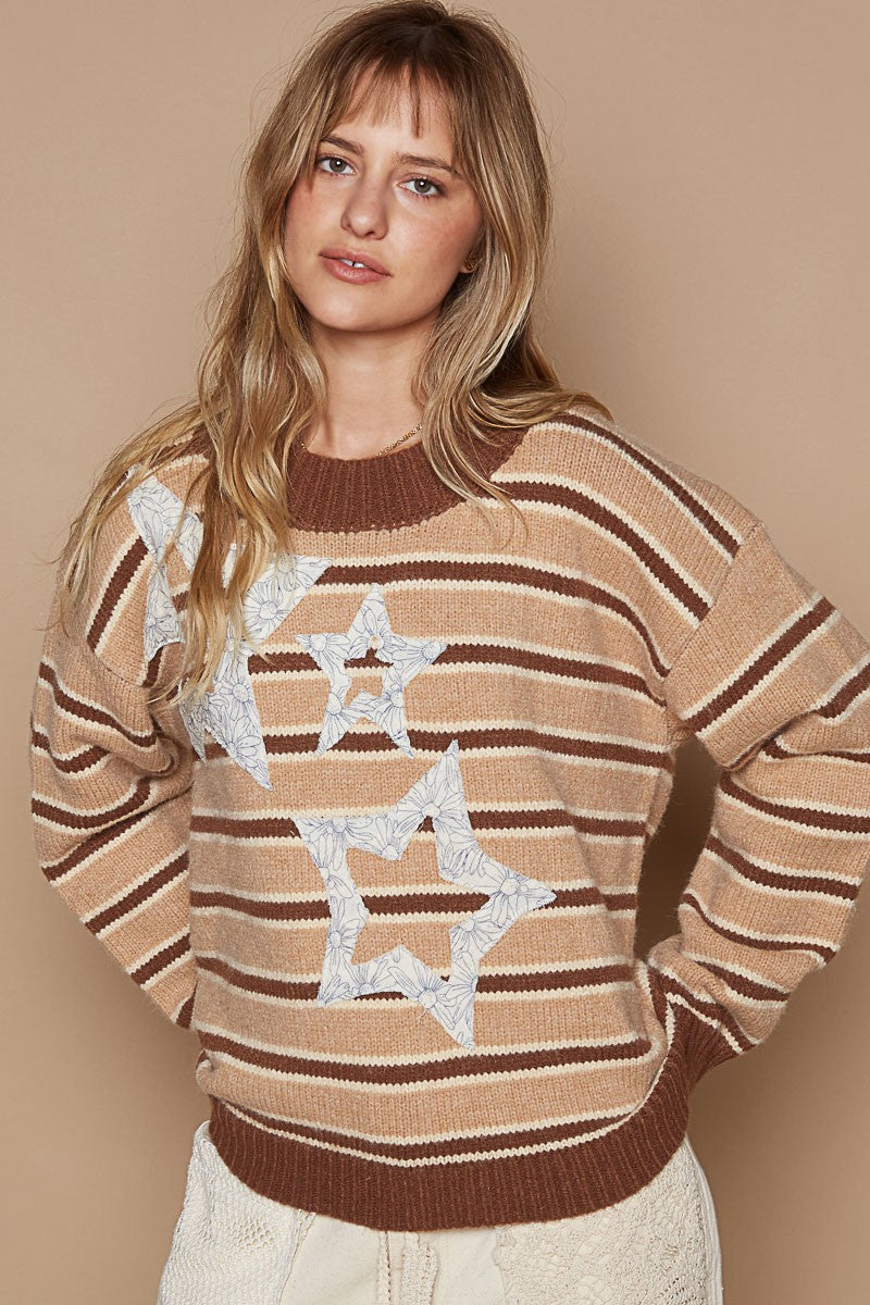 POL Star Patch Striped Round Neck Sweater in Brown Multi Relaxed Fit Mixed Knit