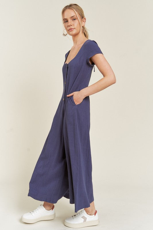 Jade by Jane Plus Linen Scoop Neck Jumpsuit in Navy or Mustard