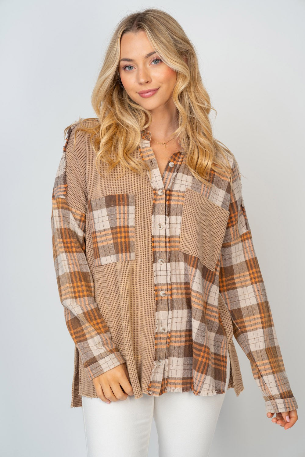 White Birch Plus Color Block Plaid Button-Down Shirt in Brown Multi NWT