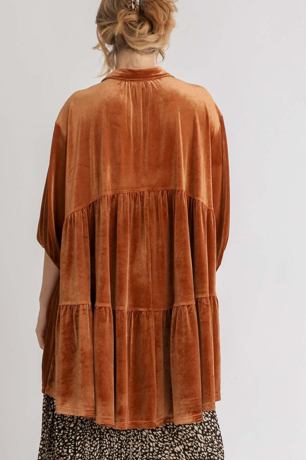 Umgee Full Size Tiered Velvet High Low Hem Tunic Button-Down Shirt in Terracotta Brown