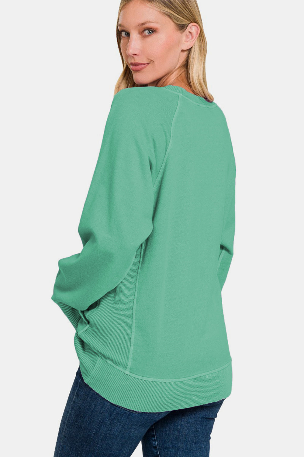 Zenana Pocketed Crew Neck Sweatshirt in Sea Green