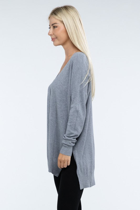 Zenana Front Seam Side Slit V-Neck Tunic Sweater in 5 Colors