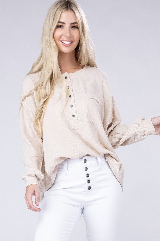 Zenana Double Cotton Gauze Oversized Raw Hem Henley Shirt in 8 Colors