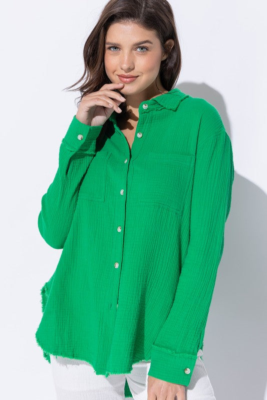 Sweet Generis Cotton Gauze Raw Hem Button-Down Shirt in 6 Colors