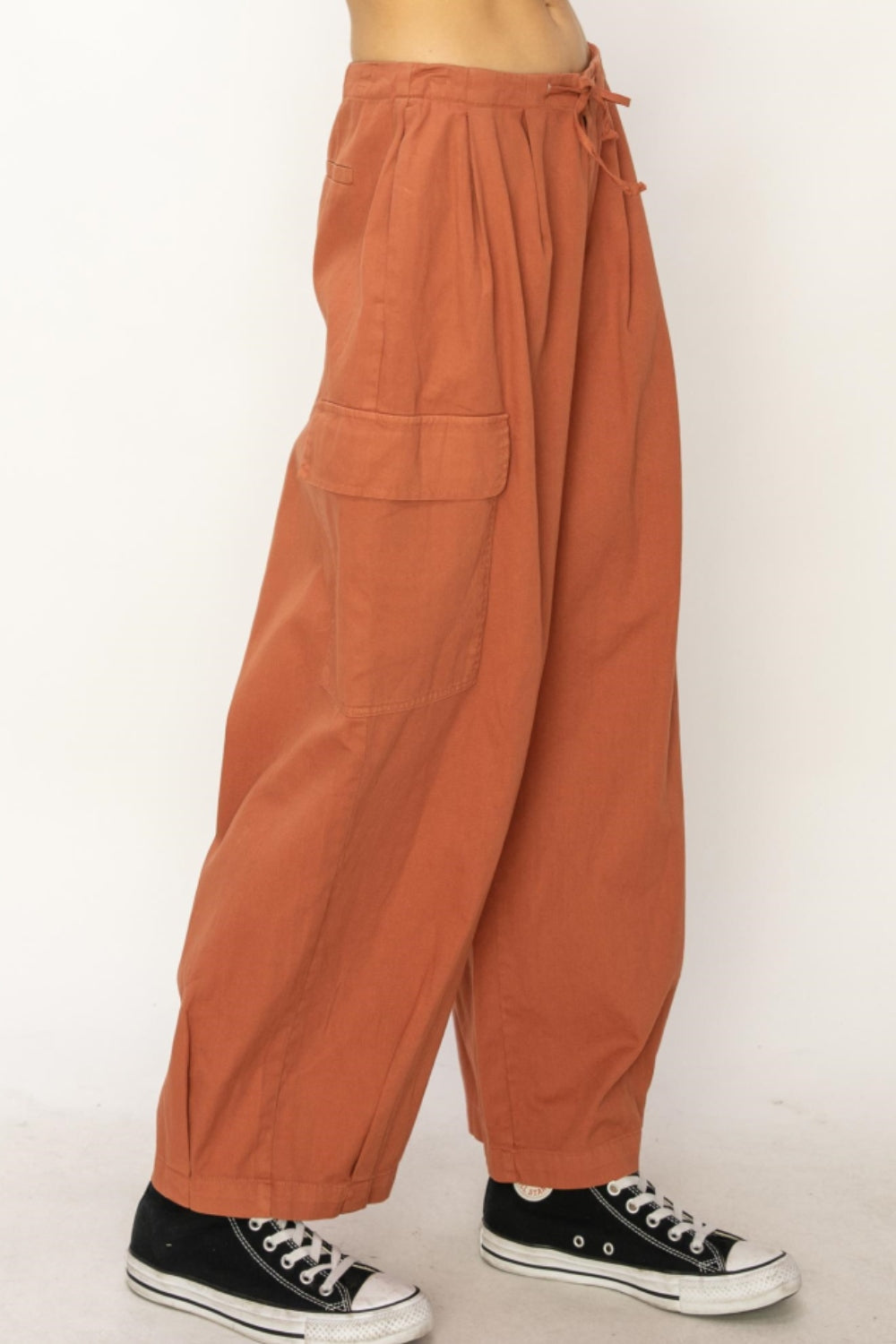 HYFVE Cotton Baggy Cargo Wide Leg Drawstring Pants in Baked Clay