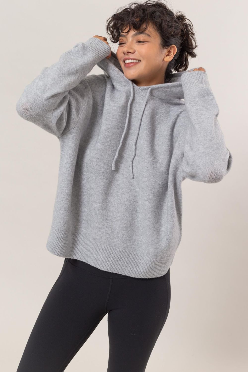 HYFVE Drawstring Long Sleeve Hooded Sweater in Light Heather Gray Stretch