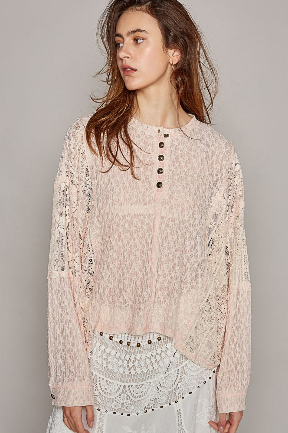 POL Lace Raw Edge Long Sleeve Henley Top