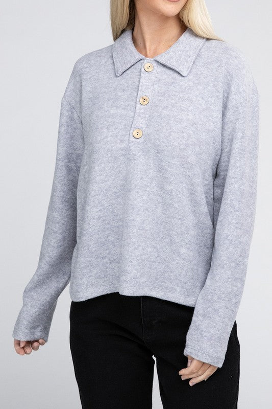 Zenana Brushed Melange Button Front Collared V-Neck Sweater in 5 Colors