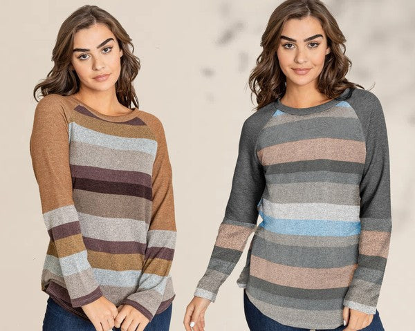 EG fashion Colorblock Multi Stripe Long Sleeve Knit Tunic Top in Charcoal or Camel